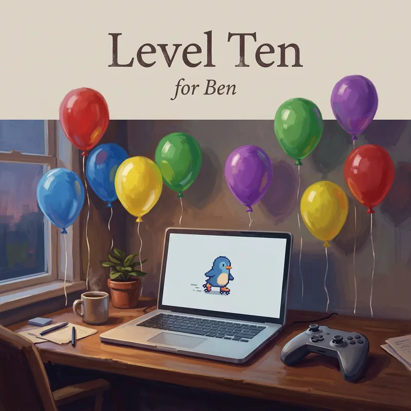 Cover photo for the song “Level Ten”, for Ben: a desk with a laptop showing a simple pixel-art penguin on skates (no text on the screen), a game controller beside it and ten balloons floating above