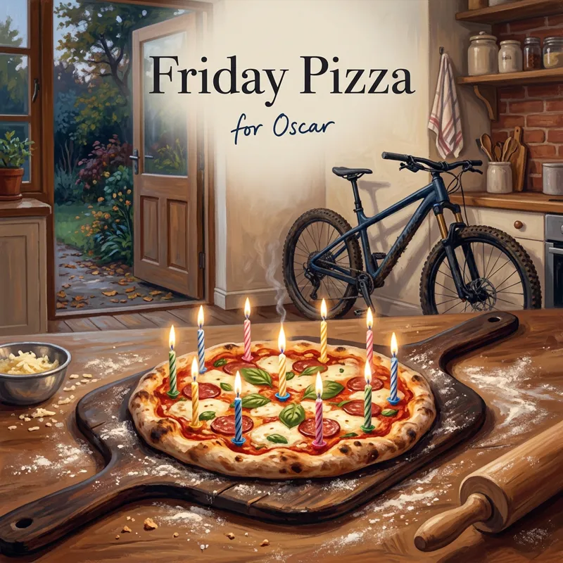Cover photo for the song “Friday Pizza”, for Oscar: a homemade pizza with eleven birthday candles on a floury kitchen counter, a mountain bike visible through the open back door