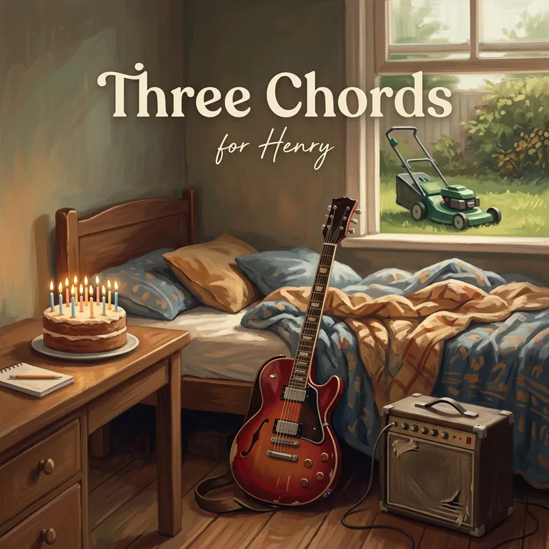 Cover photo for the song “Three Chords”, for Henry: a secondhand electric guitar leaning against an unmade bed with a small amplifier on the floor, a lawn mower visible through the window, a cake with twelve candles on the desk