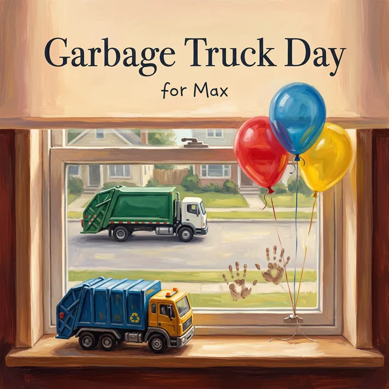 Cover photo for the song “Garbage Truck Day”, for Max: a toy garbage truck on a windowsill with small handprints on the glass, a real garbage truck in the street outside, three balloons