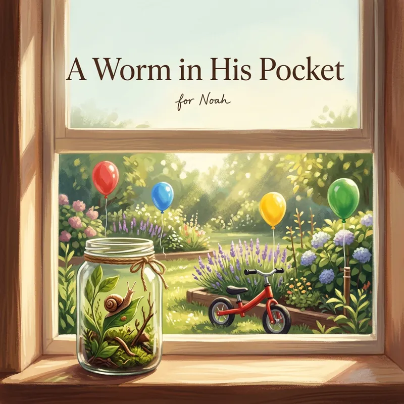 Cover photo for the song “A Worm in His Pocket”, for Noah: a glass jar with a snail and green leaves on a windowsill, a small red balance bike in the garden outside, four balloons