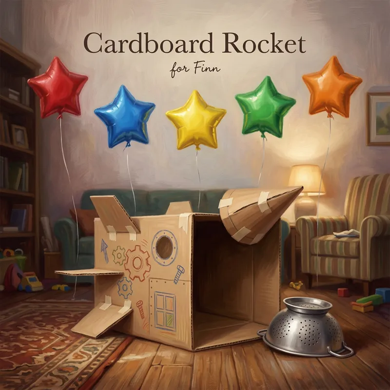 Cover photo for the song “Cardboard Rocket”, for Finn: a large cardboard box turned into a rocket with paper fins in a living room, a kitchen colander on the floor beside it as a helmet, five star-shaped balloons