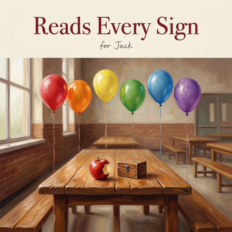 Cover photo for the song “Reads Every Sign”, for Jack: an apple with one bite taken out of it and a tiny wooden box on a school lunch table, six balloons behind
