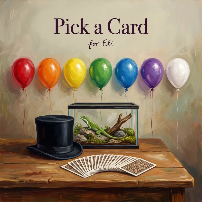 Cover photo for the song “Pick a Card”, for Eli: a fanned deck of playing cards showing only their plain patterned backs and a black top hat on a table, a small green lizard in a glass tank behind, seven balloons