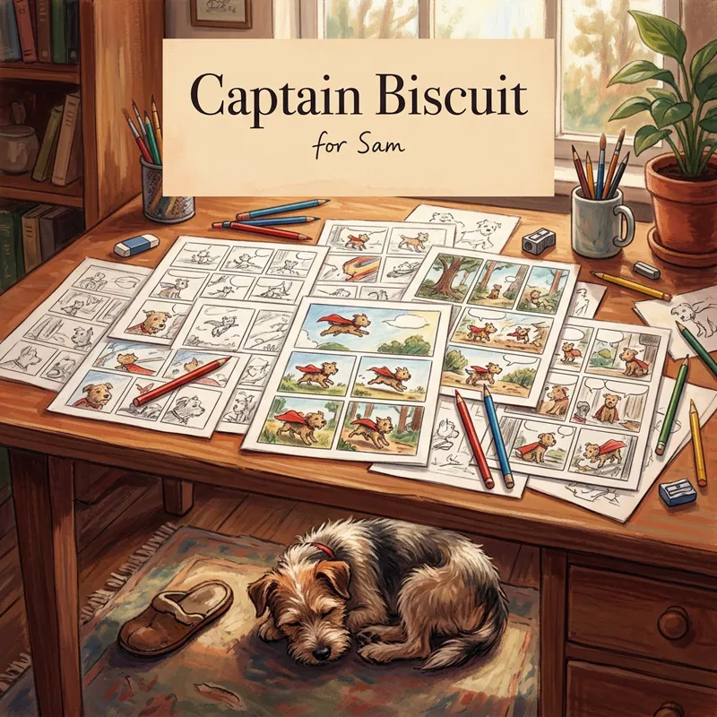 Cover photo for the song “Captain Biscuit”, for Sam: a desk covered in hand-drawn comic pages (pictures only, no lettering) of a small dog in a cape, coloured pencils scattered around, and a scruffy real dog asleep under the desk