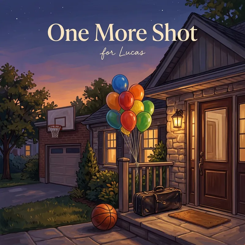 Cover photo for the song “One More Shot”, for Lucas: a basketball resting by a front door at dusk, a hoop over the garage in the background and a trumpet case on the step, nine balloons