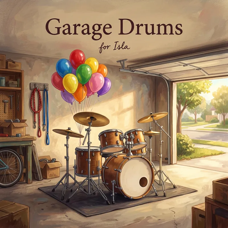 Cover photo for the song “Garage Drums”, for Isla: a drum kit in a garage with the door open to a sunny street, two dog leashes hanging on a hook, eleven balloons tied to a cymbal stand