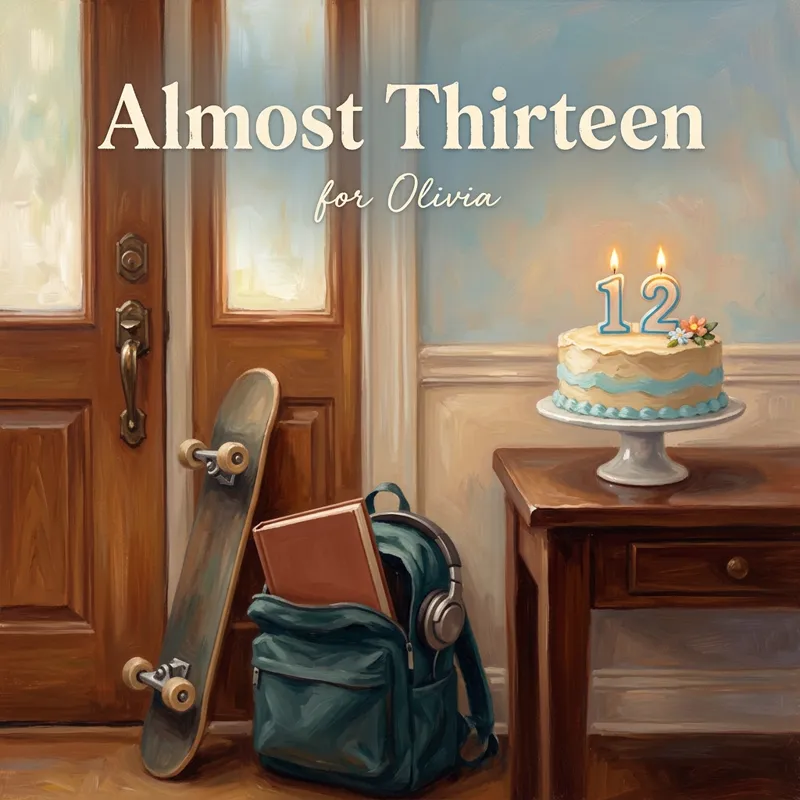 Cover photo for the song “Almost Thirteen”, for Olivia: a skateboard leaning by a front door, a pair of headphones resting on a backpack with a book poking out, a birthday cake with twelve candles on the hall table