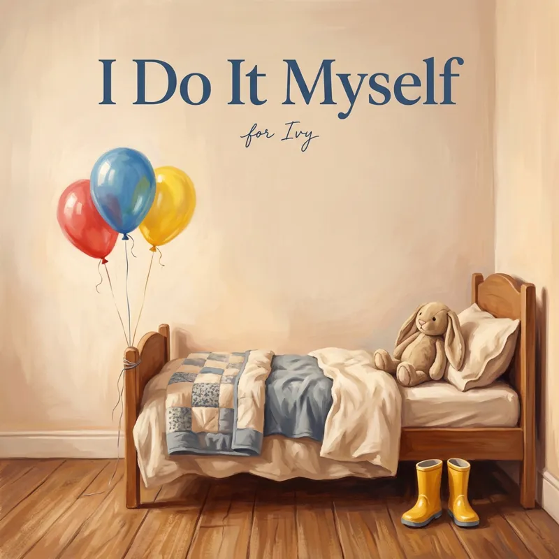Cover photo for the song “I Do It Myself”, for Ivy: a pair of small yellow rain boots beside a toddler bed with a soft toy bunny on the pillow and three balloons tied to the bedpost