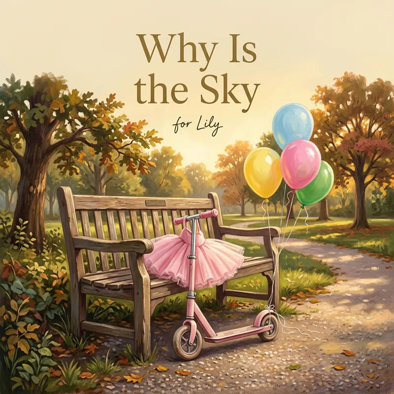 Cover photo for the song “Why Is the Sky”, for Lily: a pink tutu draped over a small scooter leaning against a park bench, four balloons, late afternoon light