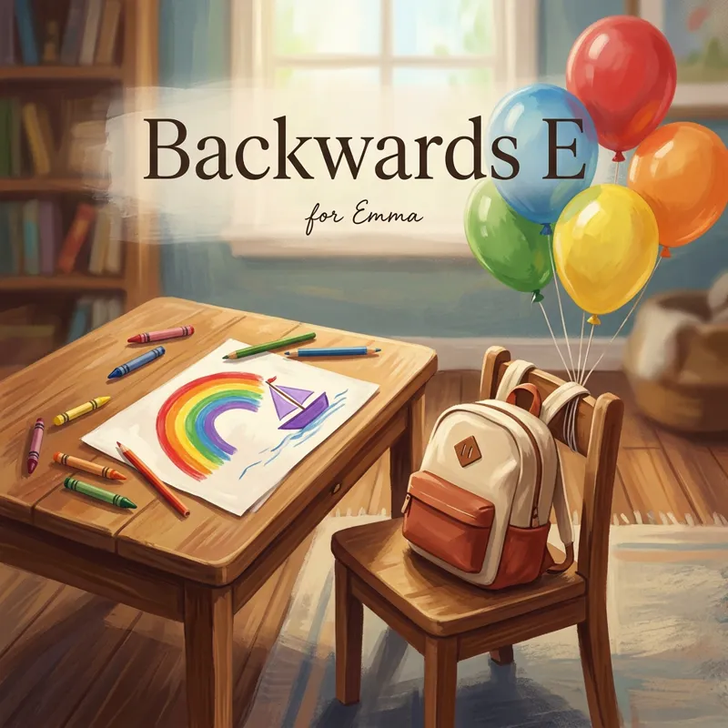Cover photo for the song “Backwards E”, for Emma: a small desk with crayons and a child’s painting of a rainbow and a purple boat (a picture only, no writing), a new backpack on the chair, five balloons