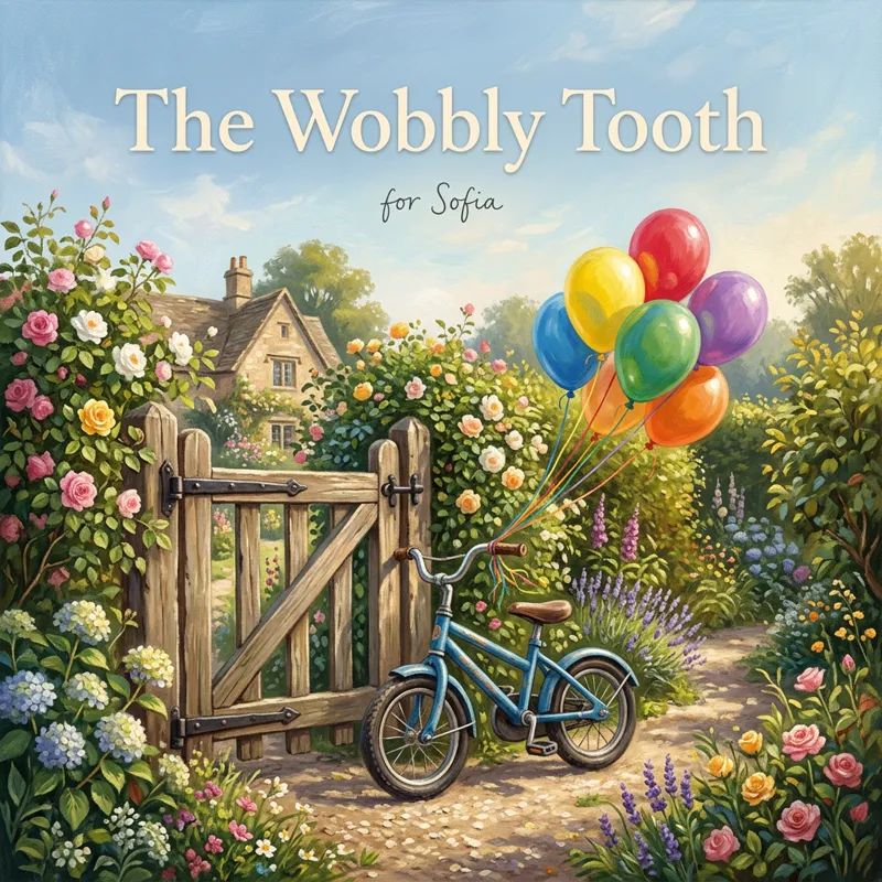 Cover photo for the song “The Wobbly Tooth”, for Sofia: a small bicycle with no training wheels leaning against a garden gate, six balloons tied to the handlebar, a sunny morning