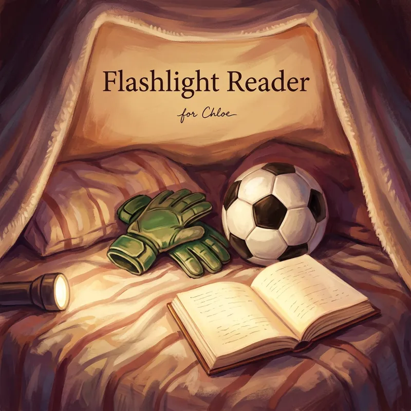 Cover photo for the song “Flashlight Reader”, for Chloe: a pair of green goalkeeper gloves and a soccer ball on a bed, beside an open book lit by a flashlight under a blanket tent