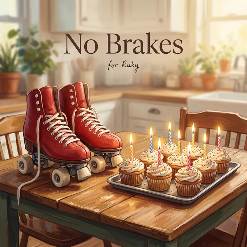 Cover photo for the song “No Brakes”, for Ruby: a pair of red roller skates beside a tray of cupcakes covered in sprinkles on a kitchen table, with eight candles on the cupcakes