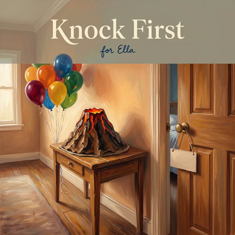 Cover photo for the song “Knock First”, for Ella: a model volcano made of papier-mâché on a hallway table beside a bedroom door with a small blank handmade sign hanging from the handle, nine balloons