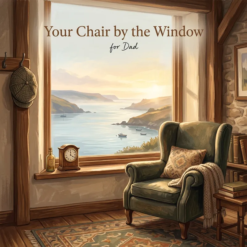 Cover photo for the song “Your Chair by the Window”, for Dad: an empty armchair by a window that looks out over a calm bay, a flat cap on a hook beside it