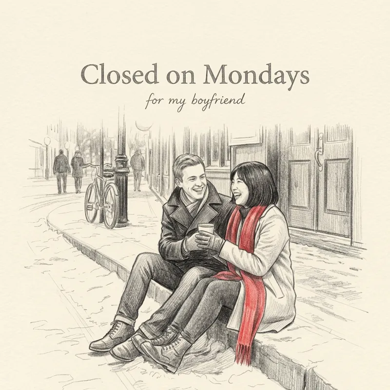 Cover photo for the song “Closed on Mondays”, for my boyfriend: a couple sharing a hot chocolate on a snowy curb outside a closed restaurant