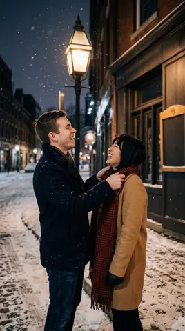 Photo 2: him wrapping his red scarf around her