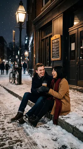 Photo 3: the couple sharing a hot chocolate on the snowy curb