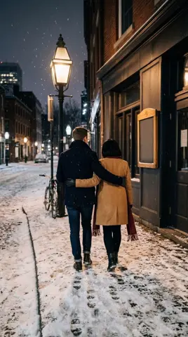 Photo 4: the couple walking away arm in arm down the snowy street