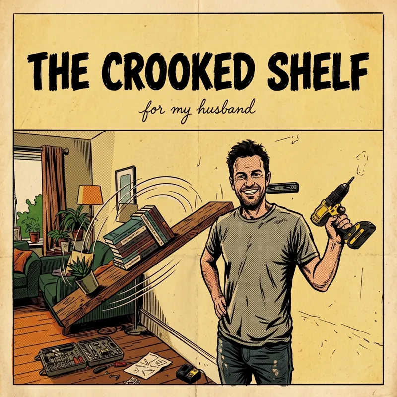 Cover photo for the song “The Crooked Shelf”, for my husband: a husband proudly holding a drill beside a shelf that slopes to one side