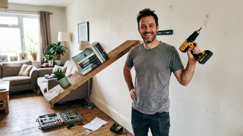Photo 2: the husband holding his drill beside the sloping shelf