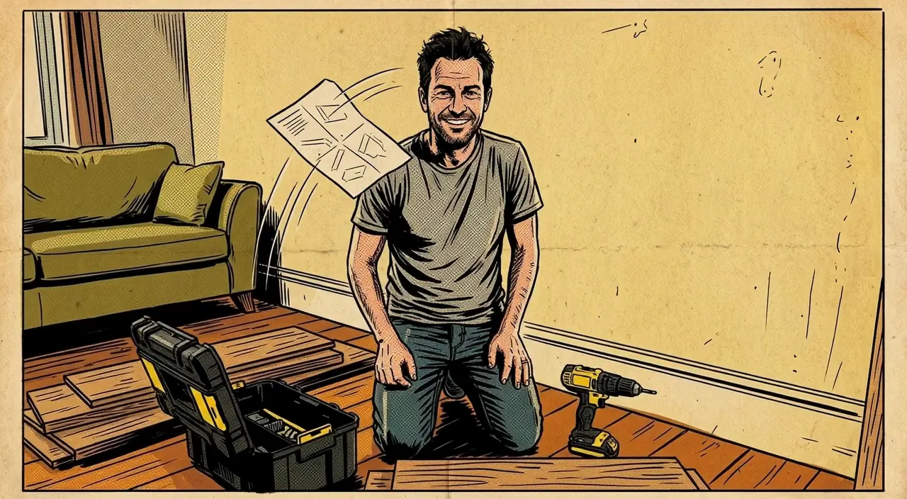 Comic book style: the husband tossing the instructions over his shoulder