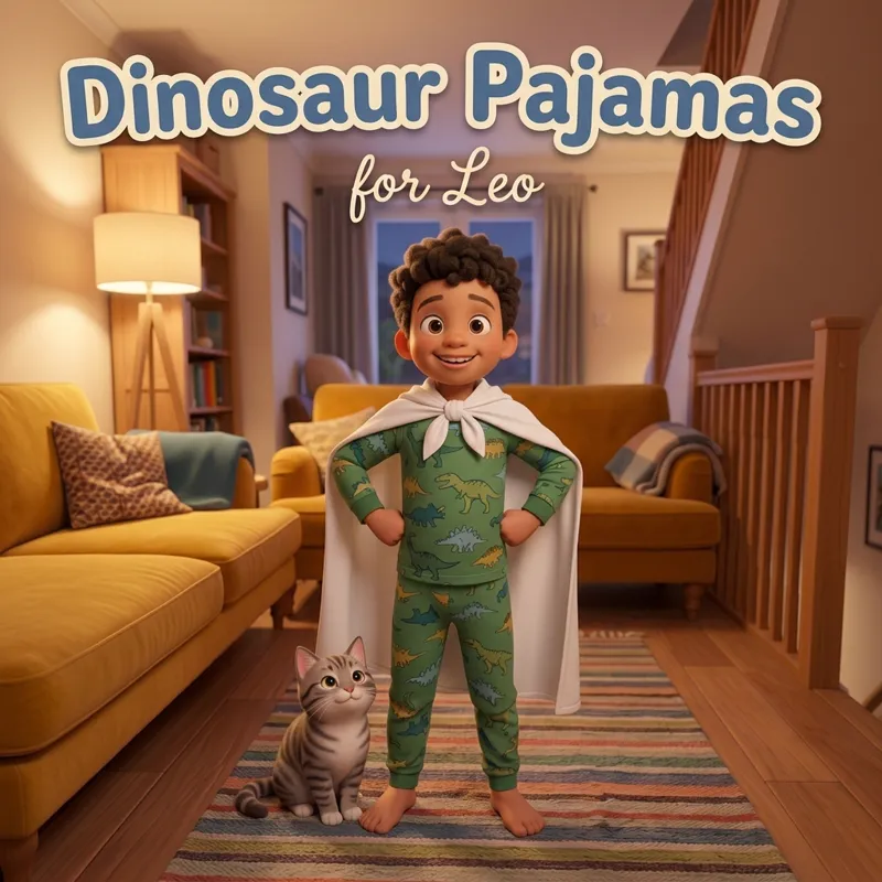 Cover photo for the song “Dinosaur Pajamas”, for Leo: a small boy in dinosaur pajamas and a bedsheet cape striking a hero pose, his cat beside him
