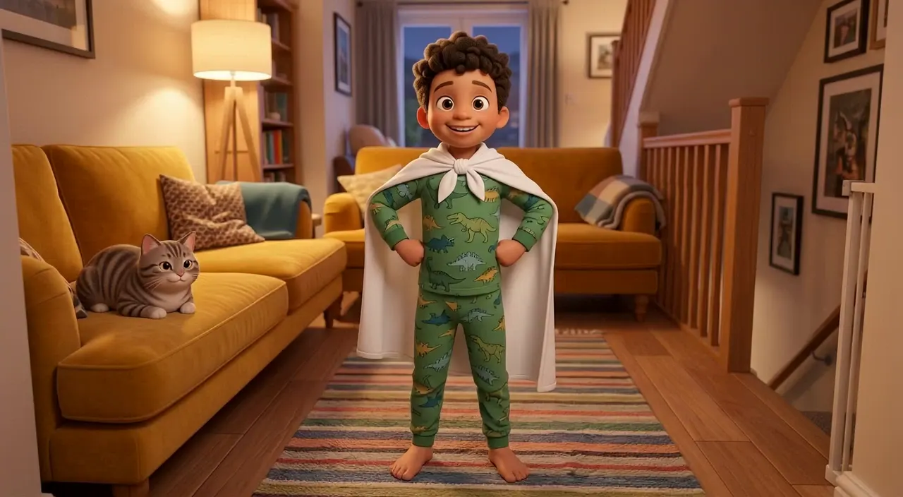 Storybook 3D style: a small boy in dinosaur pajamas and a bedsheet cape, fists on his hips