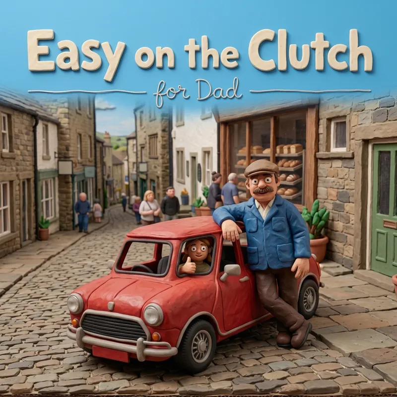 Cover photo for the song “Easy on the Clutch”, for Dad: a dad leaning on a little red car while his daughter waves from the driver’s seat