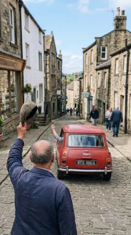 Photo 4: the red car driving off over the hill while Dad waves his cap