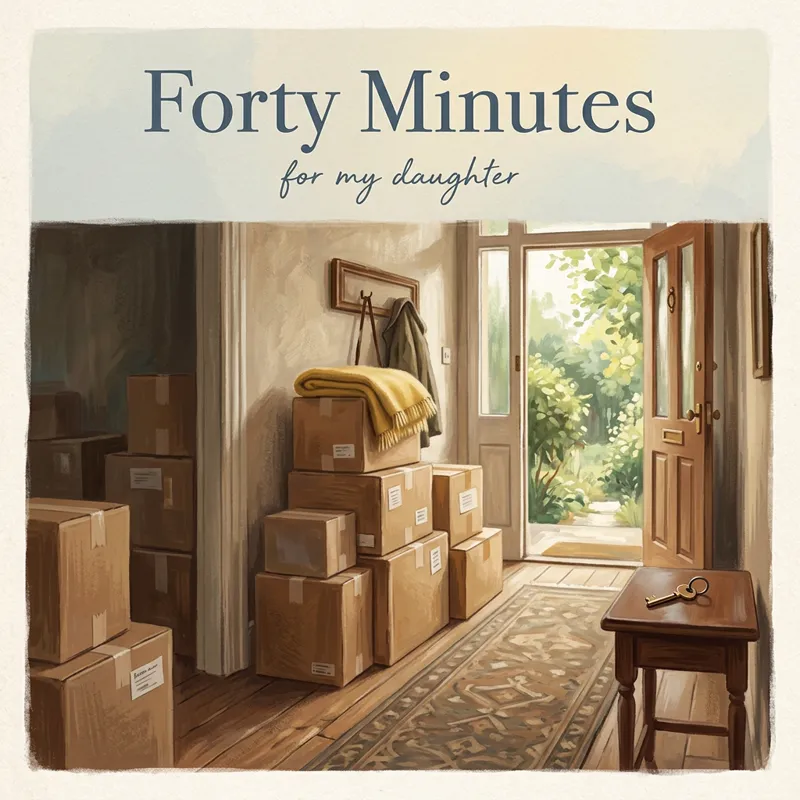 Cover photo for the song “Forty Minutes”, for my daughter: moving boxes in a hallway with a yellow blanket on top and a key by the open door