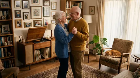 Photo 2: the couple slow dancing in their living room