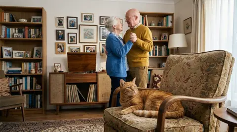 Photo 3: the cat watching from the armchair as they dance