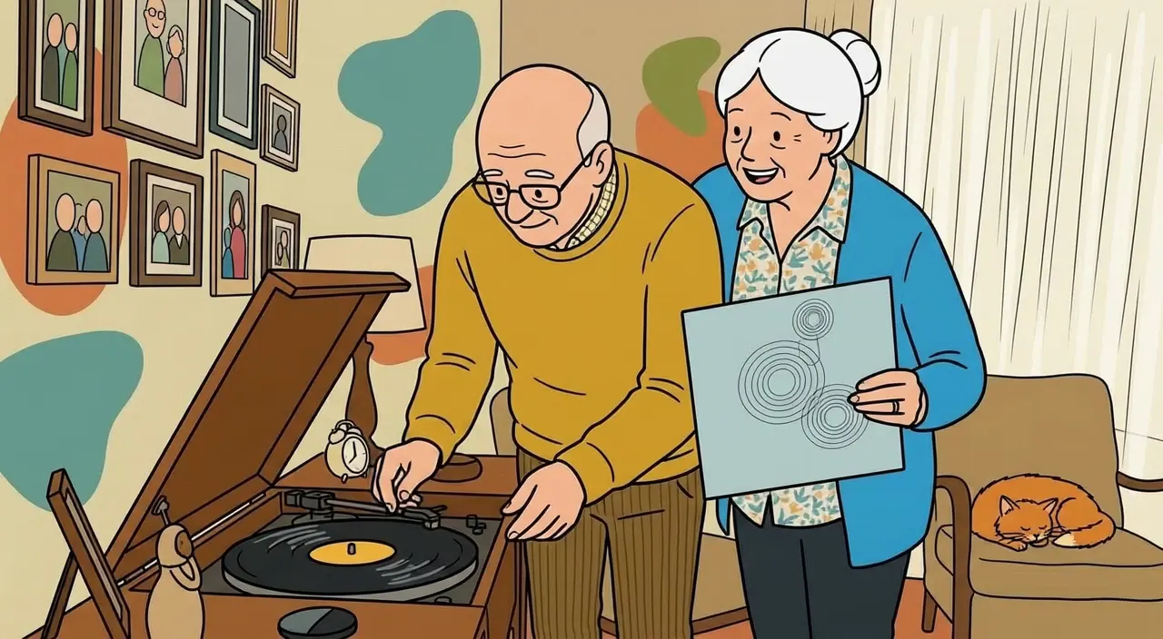 Classic cartoon style: him lowering the needle onto a record while she holds the sleeve