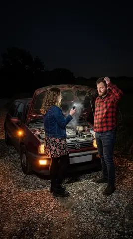 The first photo: the couple looking at the engine of their broken-down car at night
