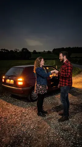 Photo 3: her holding out her hand beside the open car door