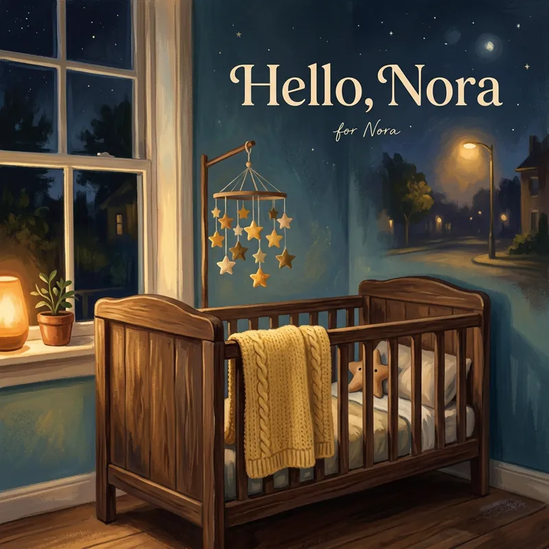 Cover photo for the song “Hello, Nora”, for Nora: a crib by a window at night with a knitted yellow blanket over the rail