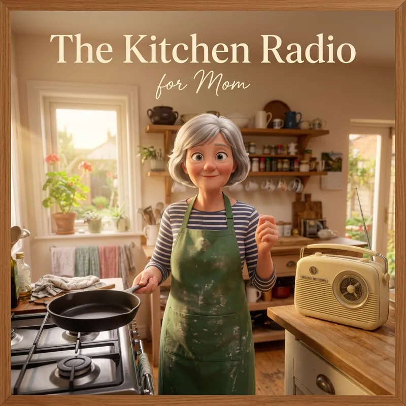 Cover photo for the song “The Kitchen Radio”, for Mom: a mother flipping pancakes in her kitchen beside an old radio