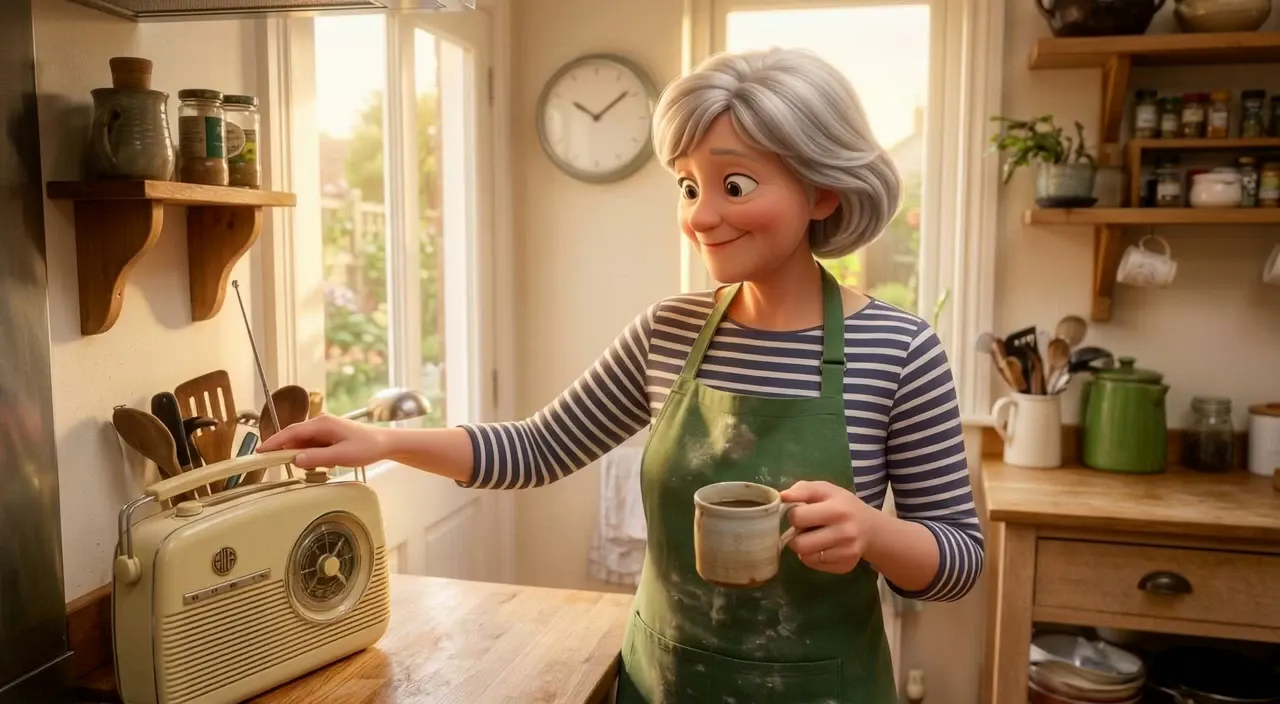 Storybook 3D style: Mom switching on the kitchen radio with a mug of coffee in her hand