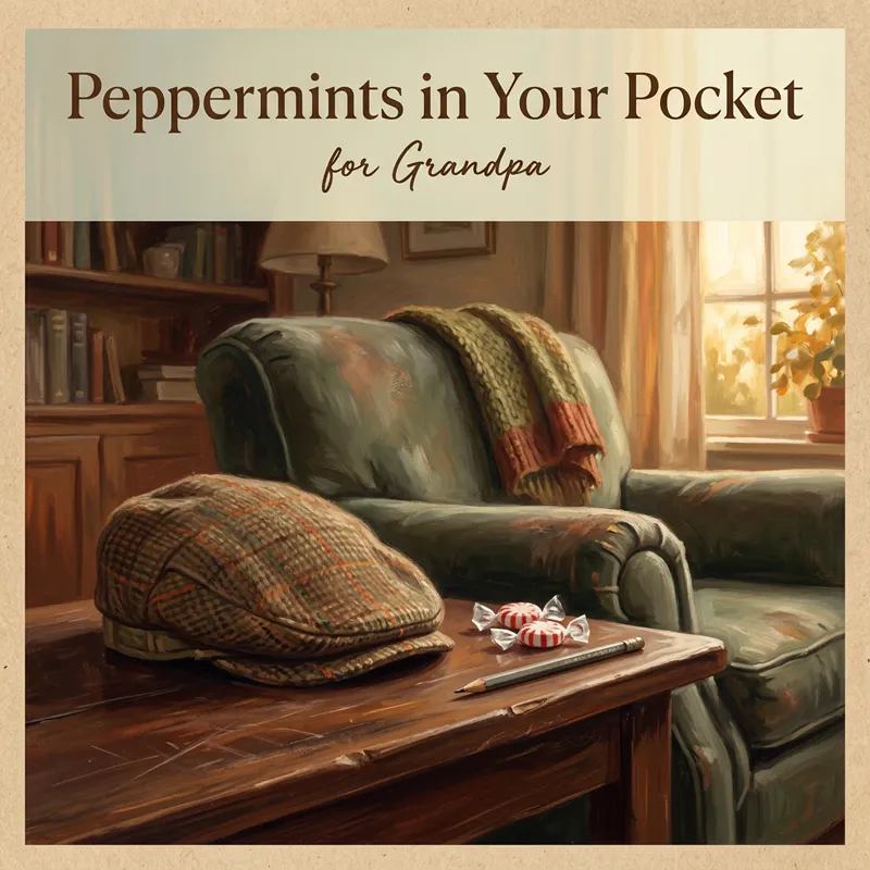 Cover photo for the song “Peppermints in Your Pocket”, for Grandpa: a flat cap, peppermints and a pencil on a side table beside an armchair