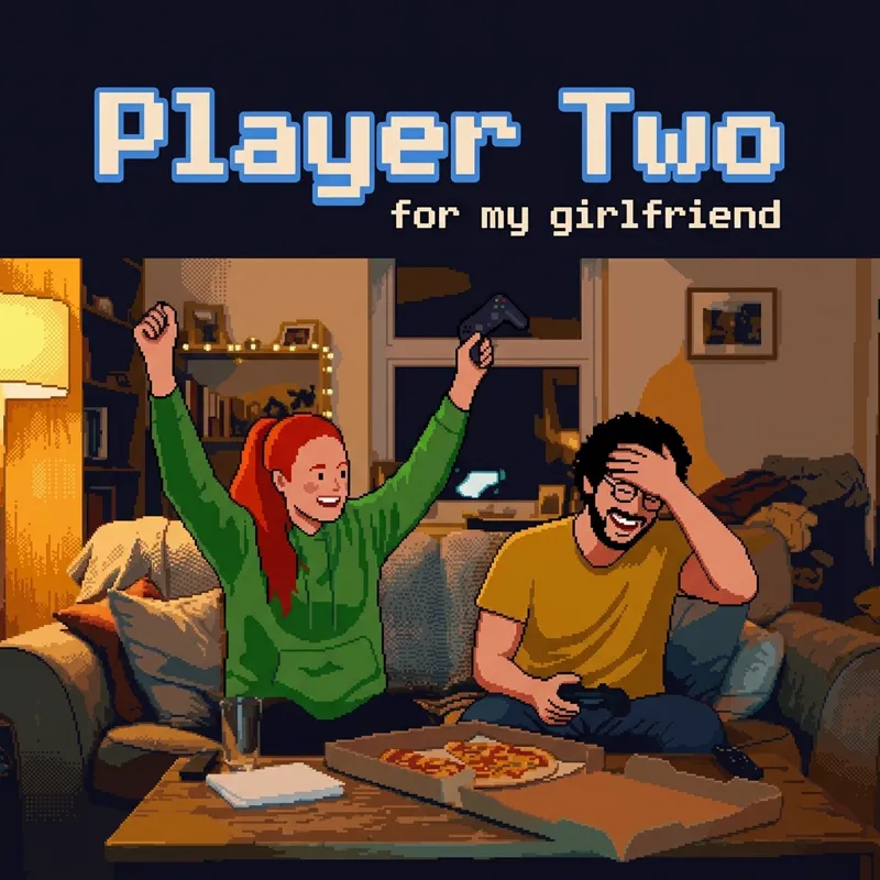 Cover photo for the song “Player Two”, for my girlfriend: a couple on a couch playing a video game, her cheering and him with his hand on his forehead