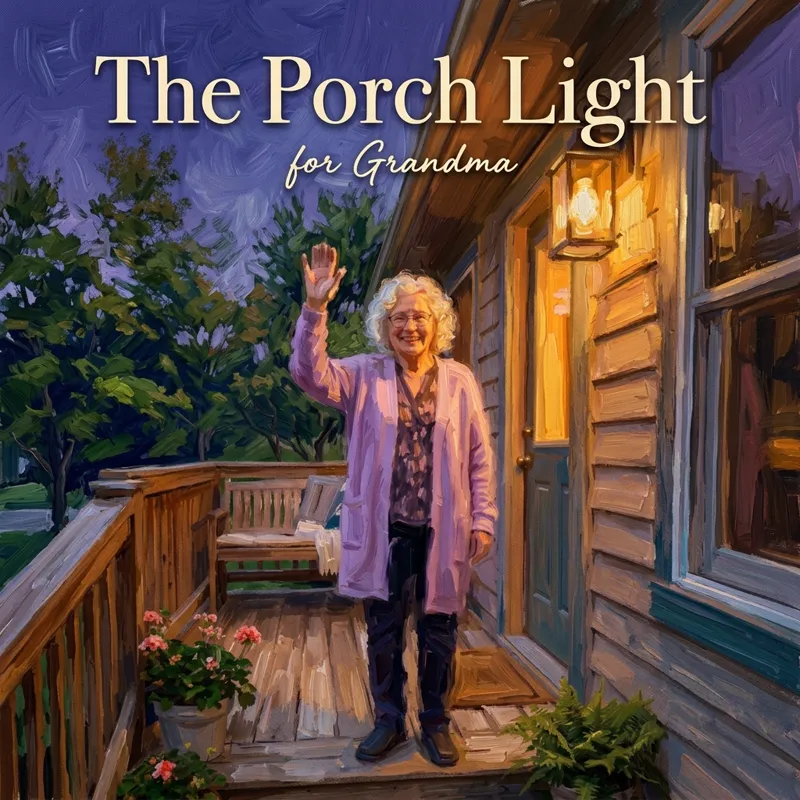 Cover photo for the song “The Porch Light”, for Grandma: a grandmother waving from her porch under a glowing lantern at dusk