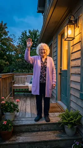 The first photo: Grandma waving from her porch under the lantern