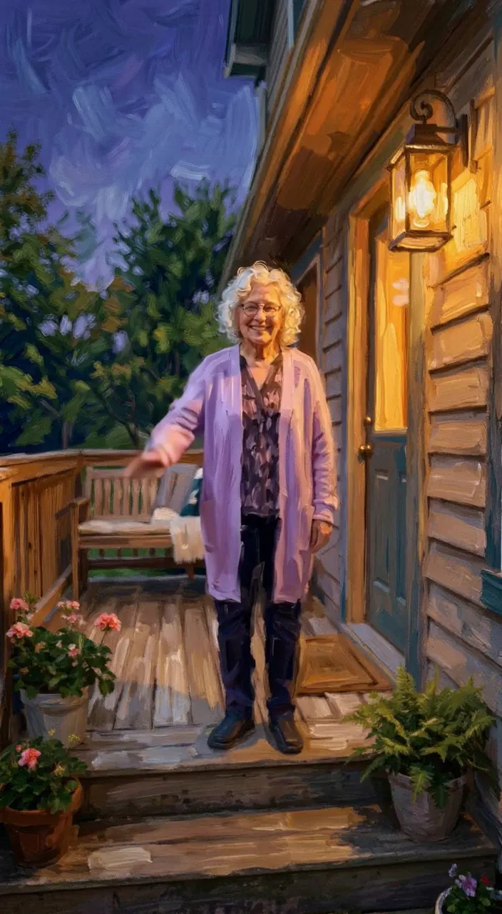 Oil painting style: Grandma waving from her porch under the lantern