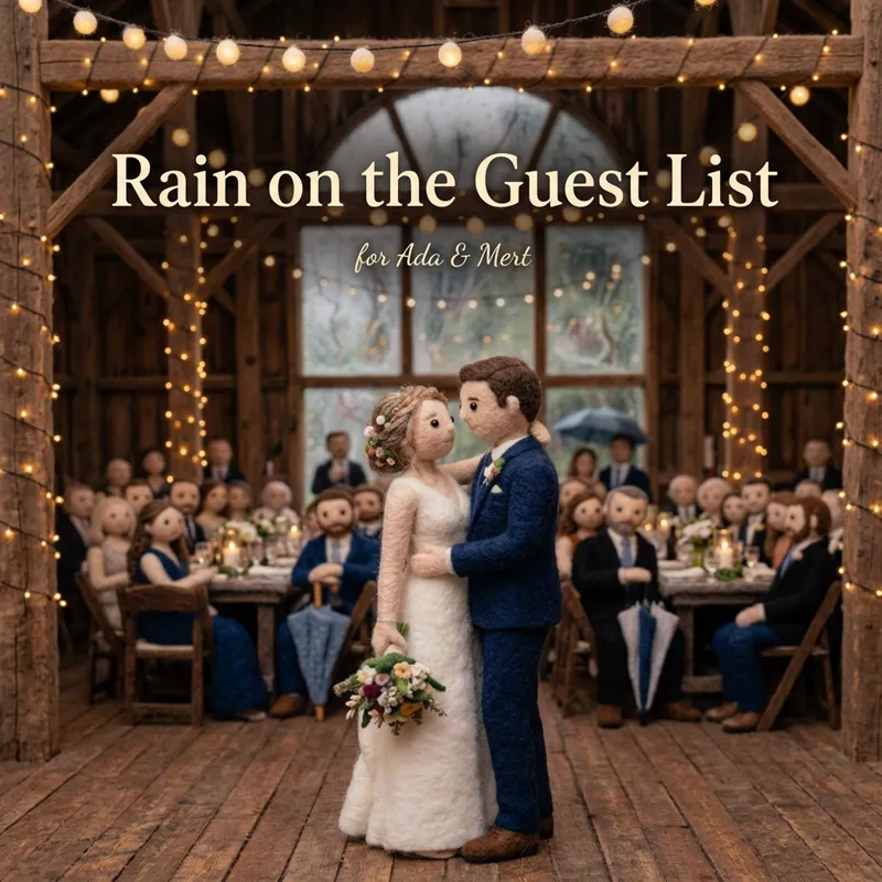 Cover photo for the song “Rain on the Guest List”, for Ada & Mert: a bride and groom sharing their first dance in a barn under string lights