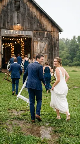 Photo 2: the wedding party carrying chairs to the barn in the rain