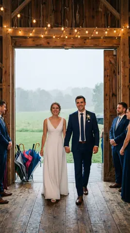 Photo 3: the couple walking into the barn past a pile of umbrellas