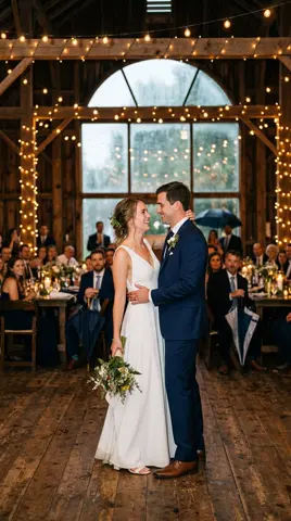 Photo 4: the first dance in the barn under string lights