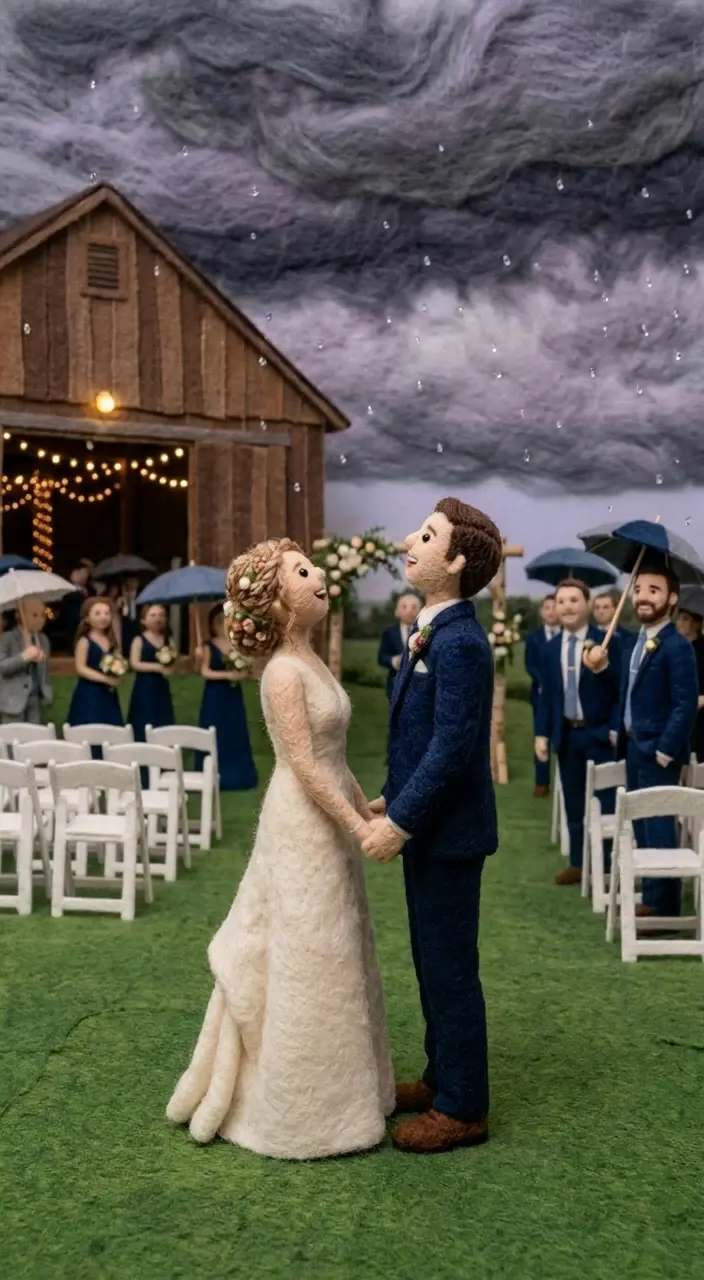 Felt style: the bride and groom looking up at dark clouds over their outdoor wedding